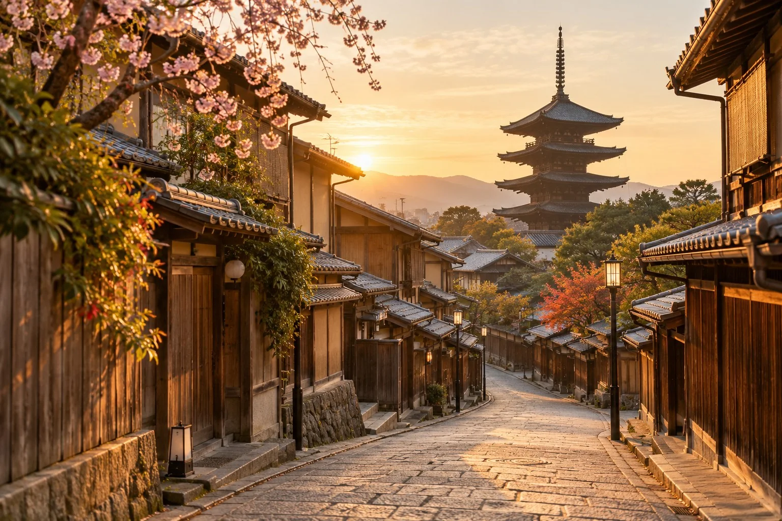 Imagen de ambientación de una calle tradicional de Kyoto con una pagoda al fondo